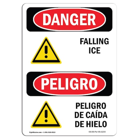 OSHA Danger Sign, Falling Ice Bilingual, 18in X 12in Rigid Plastic